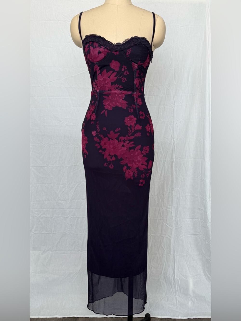 Maxi Corset Dark Purple / Wine Red Floral Lace-Up Bustier Dress - Picture 3 of 9